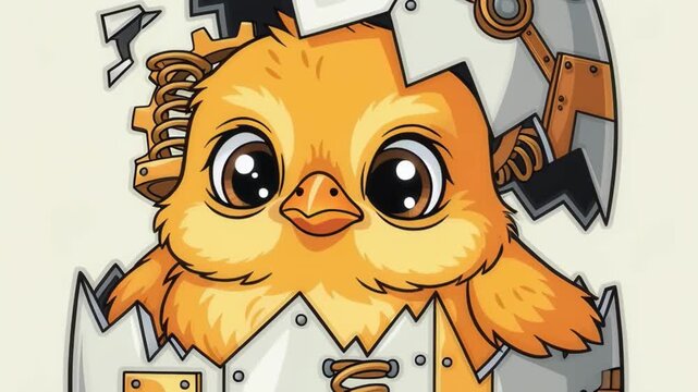 Steampunk mechanical chick hatching from a gear covered egg, cute orange hatchling illustration with progressive close ups and a gentle zoom across the sequence