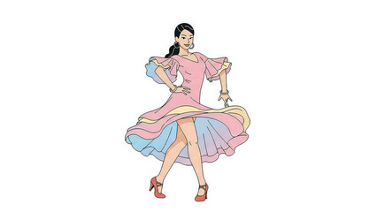 Naklejka premium A colorful cartoon illustration of a flamenco dancer in a flowing dress