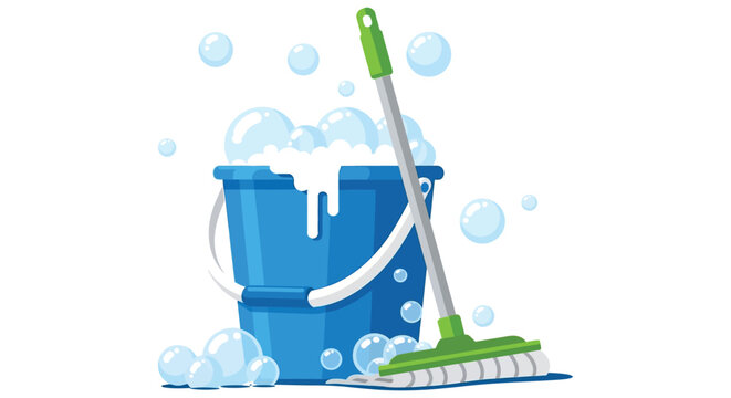 A vibrant vector illustration depicting a blue cleaning bucket filled with bubbly soap suds and a green mop