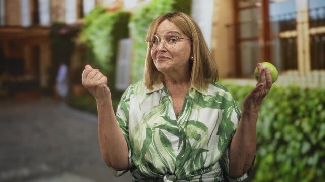 Woman holding green apple and gesturing with hands on street beside building greenery; contentment homey charm.