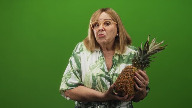 Middle age woman holding a pineapple and grimacing against a green screen studio backdrop while clutching the fruit with both hands; disgust.