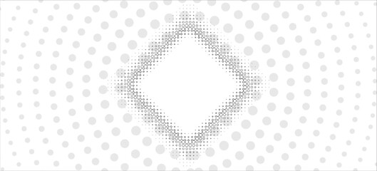 Abstract white halftone dots background with diamond shape composition. Modern minimal dotted pattern with gradient circle dots creating geometric frame in the center.