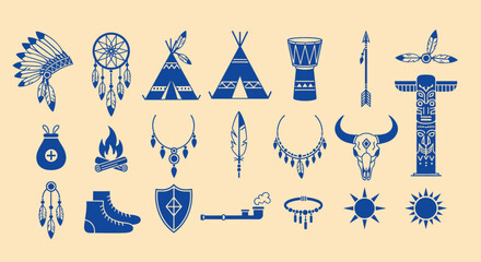 Native American Tribal Icons Set: Dreamcatcher, Teepee, Totem, Feather, Drum © masiku
