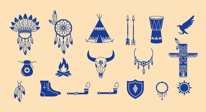 Native American Indian Tribal Symbols Icons Set - Vector Illustration