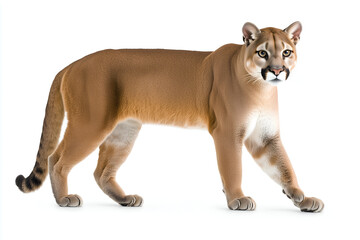 Full body portrait of a puma walking isolated on a pure white background