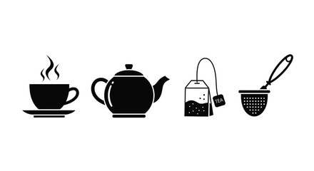 Black tea set including cup pot and strainer a silhouette