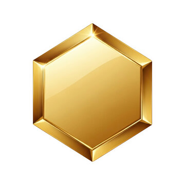 Golden hexagonal badge icon with shiny metal effect isolated on transparent background