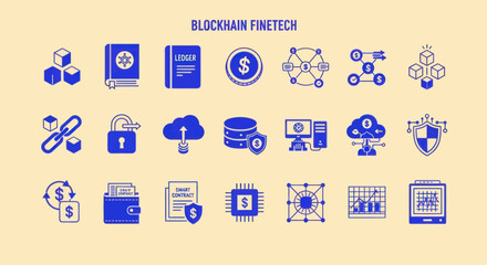 Blockchain FinTech Icons: Decentralized Finance, Security, Data, and Technology Concepts