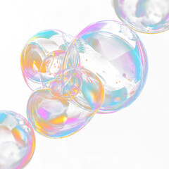 Colorful soap bubbles float on a clear background, showcasing reflections and light during a playful afternoon
