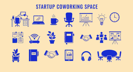 Startup Coworking Space Icons: Business, Teamwork, and Productivity Tools