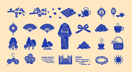 Japanese Culture Icons: Kimono, Sakura, Tea Set, Lanterns, Fans, Bridge © masiku