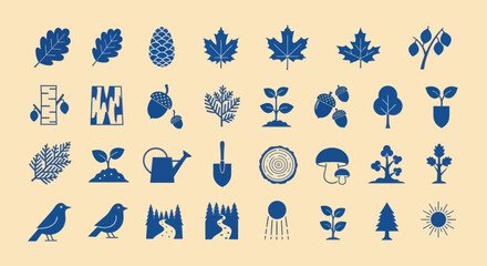 Nature and Garden Icons Set: Leaves, Plants, Trees, Watering Can, Birds, Sun © masiku