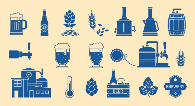 Brewery Icons: Beer Making Process, Ingredients, and Equipment