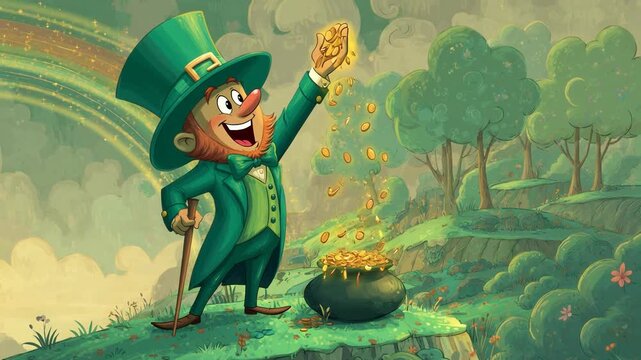 Whimsical Leprechaun Character Celebrating St. Patrick s Day with Pot of Gold and Rainbow in a Fantasy Forest Scene