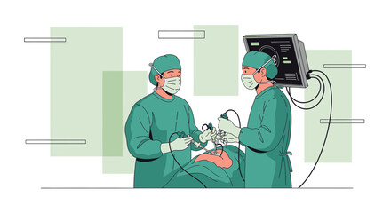 Surgeons performing minimally invasive surgery with advanced medical equipment and monitor