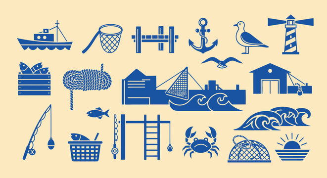 Nautical Icons Set: Fishing, Boating, Lighthouse, Seagulls, Waves, Crab
