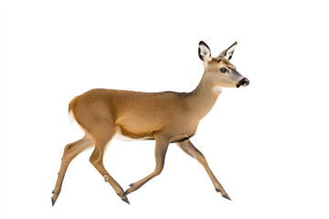 Obraz premium Young deer walking gracefully forward isolated on a pure white background