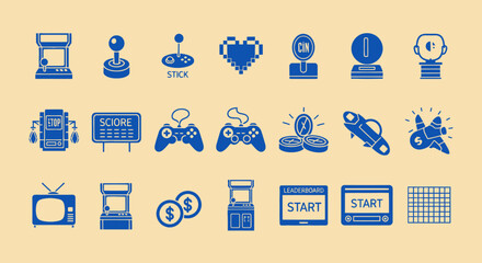 Retro Gaming Icons: Arcade, Joystick, Pixel Heart, Controller, TV, Coins, Start © masiku