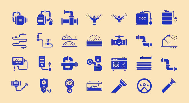 Irrigation System Icons: Pump, Sprinkler, Valve, Tank, Meter, Pipes