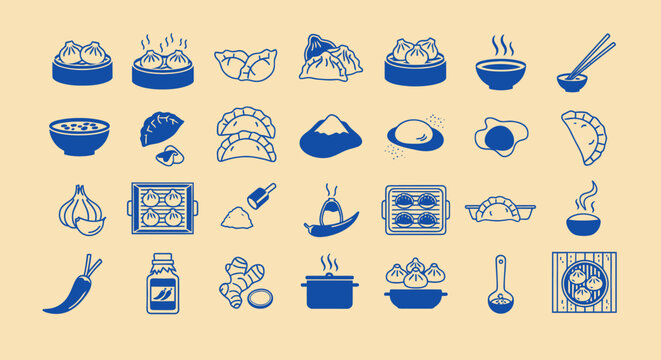 Chinese Dumpling and Dim Sum Icon Set - Blue Line Art on Beige Background