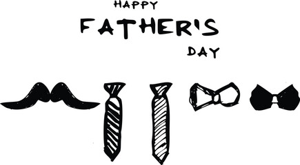 Happy Father’s Day hand drawn mustache tie and bow tie vector illustration set, doodle style dad celebration greeting card design with typography isolated on white background © sobuj