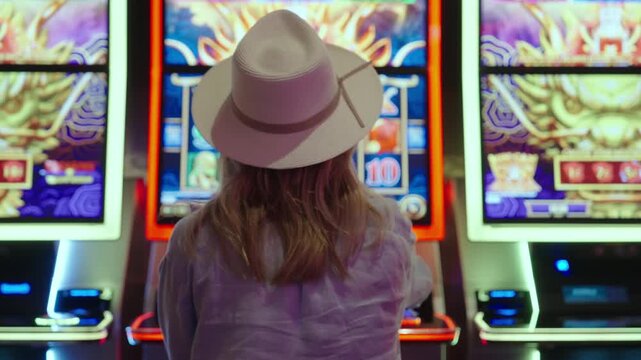 Casino visitor in white hat standing before illuminated slot machines. Vibrant gaming hall lights reflect on screens creating dynamic gambling mood.