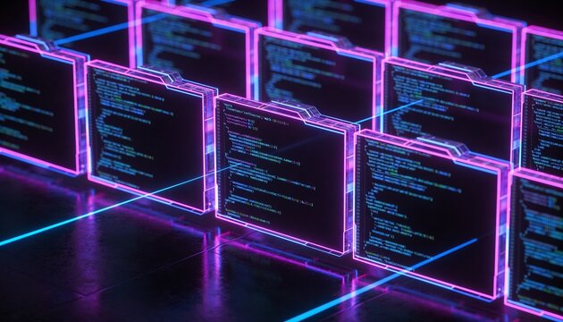 Floating Firewall Layered Code Panels Network Intrusion Prevention Magenta Blue 3D Render Cyber Threat Blocking System Barrier Technology Dark
