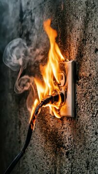 Close-up vertical photo of a dangerous electrical fire burning an overloaded power outlet and plug on a concrete wall, emitting smoke.