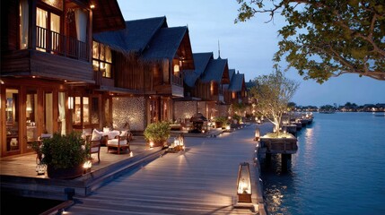 Fototapeta premium Wooden waterfront villas illuminated at dusk reflecting tranquil atmosphere