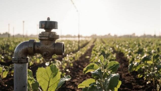Irrigation valve in a lush green field at sunrise.