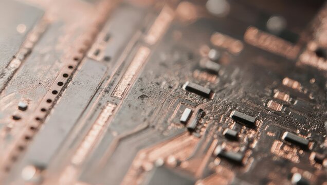 Macro view of intricate electronic circuit board details and components.