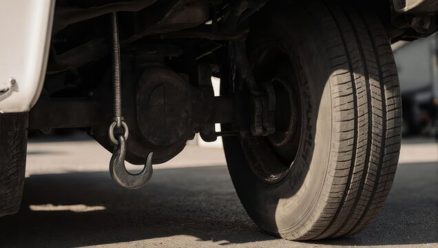 Close-up of a tow hook hanging from the rear of a truck, ready for use.