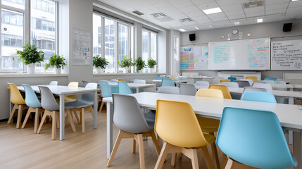 Modern Empty Classroom with Colorful Desks and Natural Light
