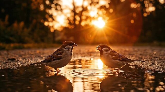 Two sparrows in a moment of tender conversation under the sun's radiant glow. Birds are perched near a puddle, reflecting the golden sunlight