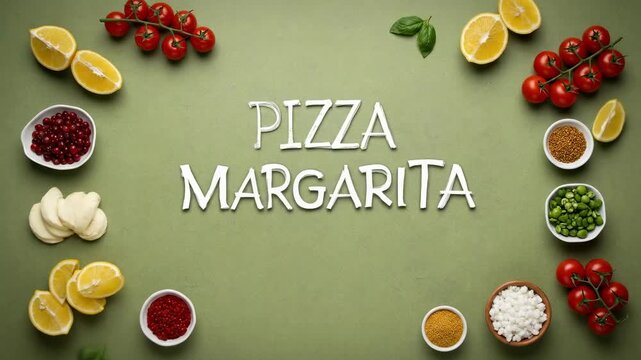 A table displays fresh ingredients like tomatoes, lemons, and greens around a pizza margarita. Bright setting with detailed toppings ready for cooking. Concept of restaurants, catering, food blogs