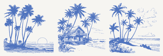 Naklejka premium Palm grove sunset beach house coastal paradise. Hand drawn crayon tropical vintage sketch drawing line art. Warm ocean scenes with flowers, shore.
