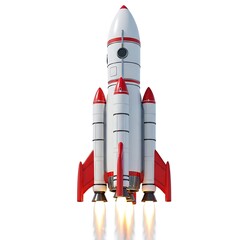 A detailed illustration of a rocket ship ascending into space with fiery flames at the base