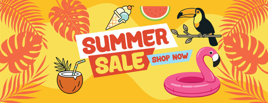 summer tropical sale banner and summer background for social media cover header and website banner Summer sale discount banner with tropical ice cream watermelon toucan coconut drink, flamingo float
