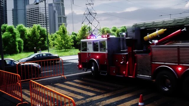 Fire truck quickly leaves for the call, garage door at fire department opens. 