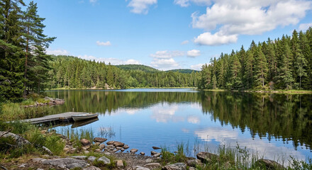 Fototapeta premium Calm Forest Lake with Wooden Dock and Boat