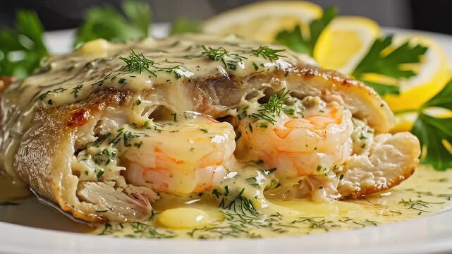 A close-up shot of a delicious seafood dish, featuring a whole fish stuffed with shrimp and topped with a creamy sauce and fresh herbs, garnished with lemon wedges
