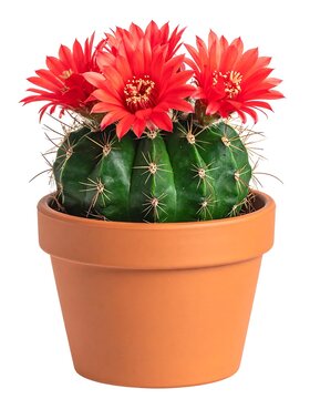Vibrant Red Flowers Blooming Atop a Green Cactus in a Terracotta Pot.