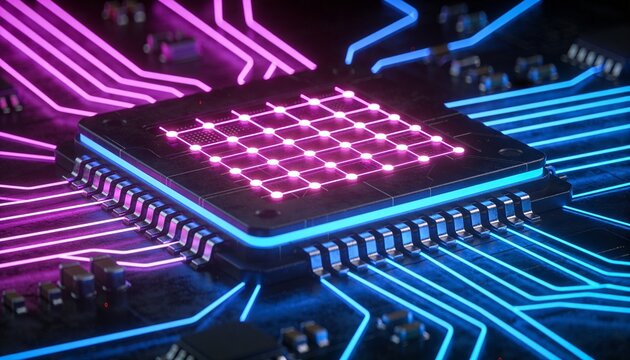 Quantum Processor Chip Glowing Security Node Grid Magenta Blue 3D Render Next Generation Encrypted Microchip Architecture Cybersecurity Hardware Dark