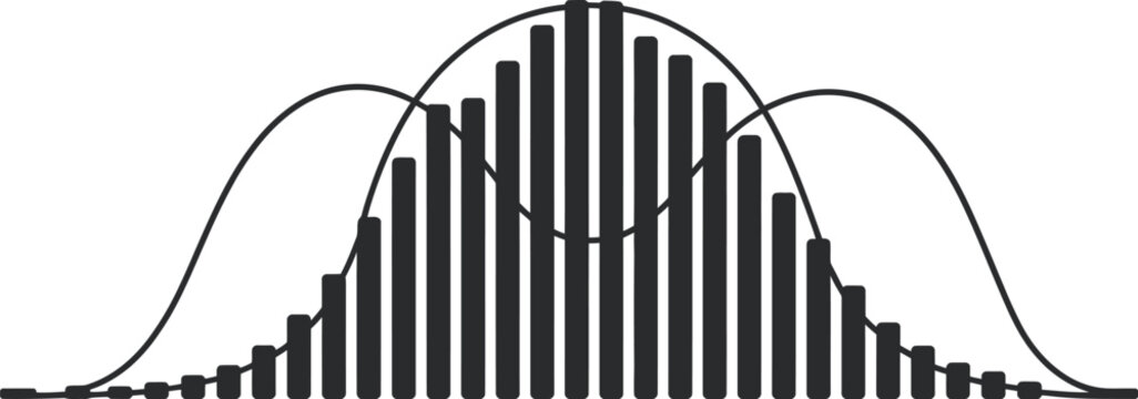 A black and white minimalist line art illustration of a statistical histogram with a normal distribution curve overlay