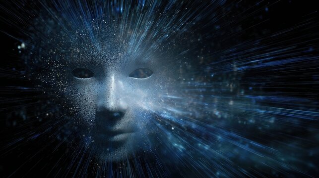 A digital art representation of an ai face emerging from the darkness, surrounded by glowing blue rays and particles that suggest artificial intelligence. 