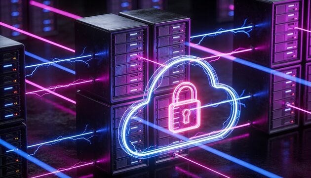 Cloud Server Cluster Glowing Security Lock Beams Magenta Blue 3D Render Cloud Cybersecurity Protection Encrypted Remote Data Storage Dark
