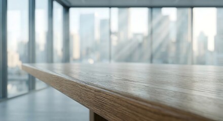 Obraz premium Empty Wooden Table in Modern Office with City View