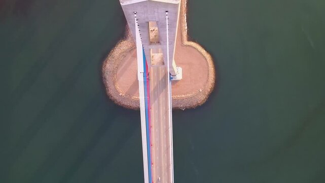 Aerial view looking down at the pylons and cables of the Russky Bridge in Vladivostok, Russia. 
