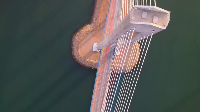 Aerial view looking down at the pylons and cables of the Russky Bridge in Vladivostok, Russia. 