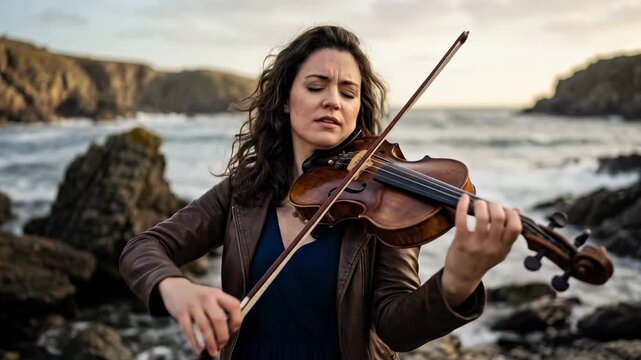 Musician performs on rocky seashore while playing violin. Waves crash nearby with sun setting in background. Concept of music, performance, outdoor entertainment